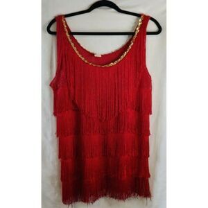 Vintage Womens Red Embellished Gold Sequin Layered‎ Fringe Tank Top